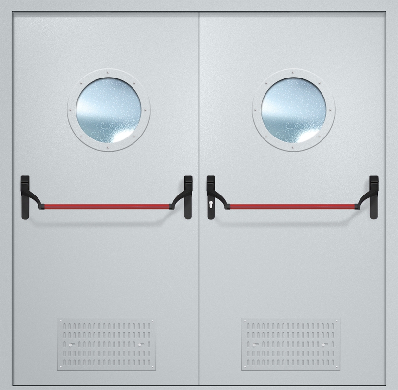 Двупольная противопожарная дверь EI-60 с вентиляцией, круглыми стеклопакетами и ручками «Антипаника», окрас по RAL