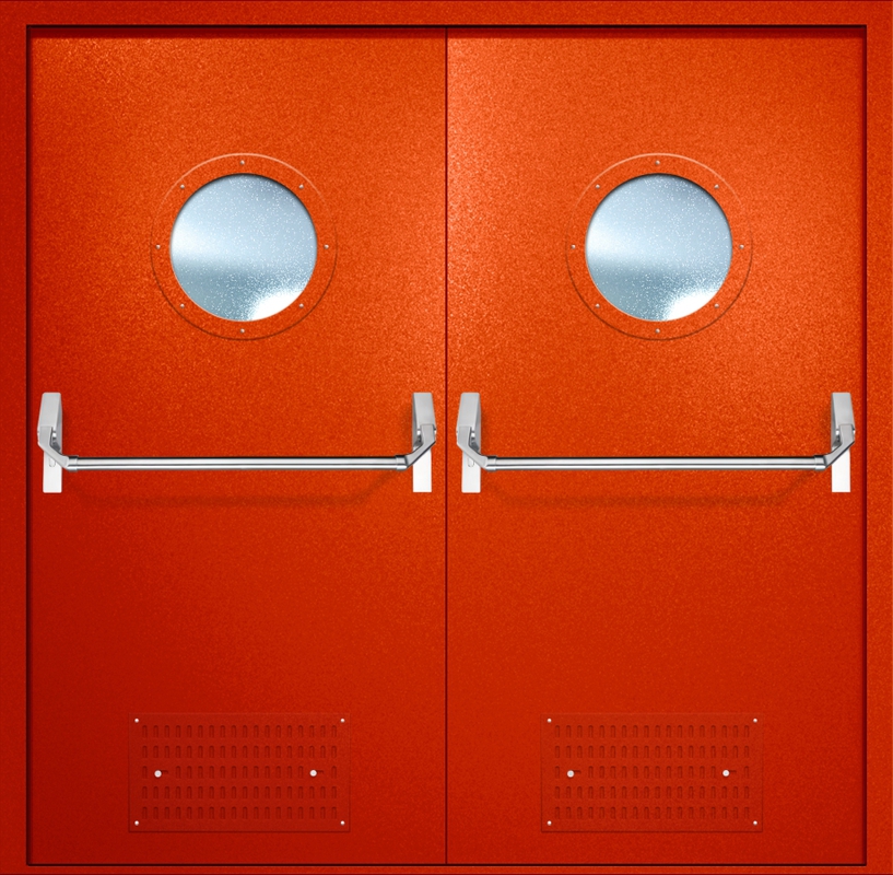 Двупольная противопожарная дверь EI-60 с вентиляцией, круглыми стеклопакетами и ручками «Антипаника», окрас по RAL 3003