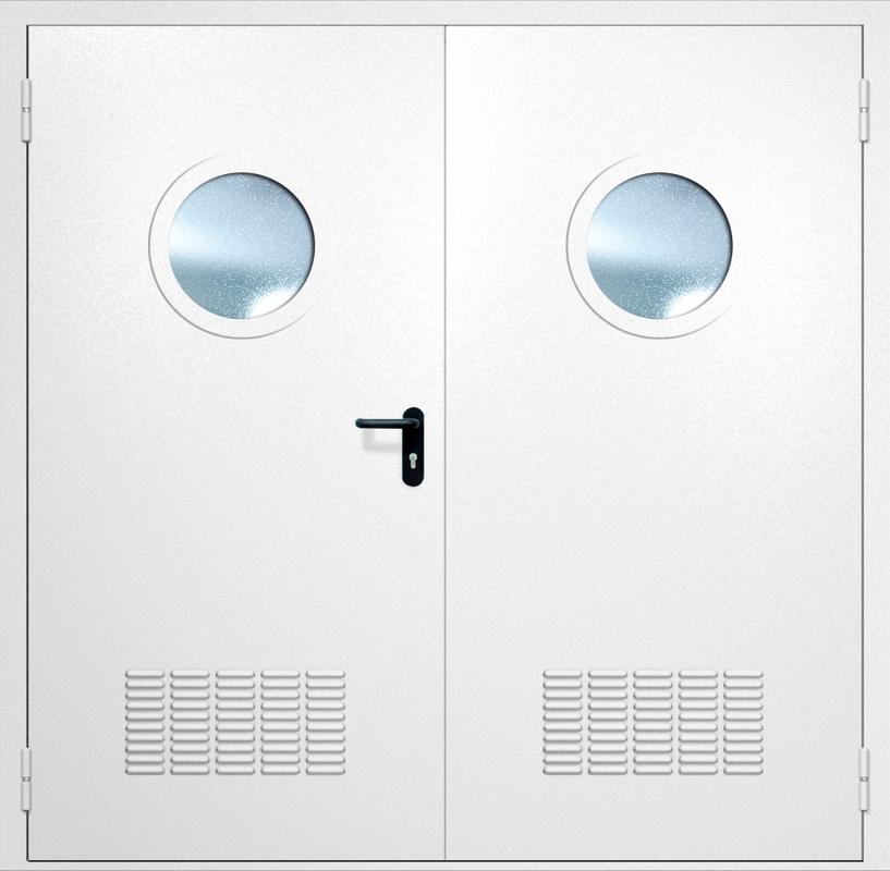 Двупольная противопожарная дверь EI-60 с вентиляцией, круглыми стеклопакетами и ручками «Антипаника», окрас по RAL 9003