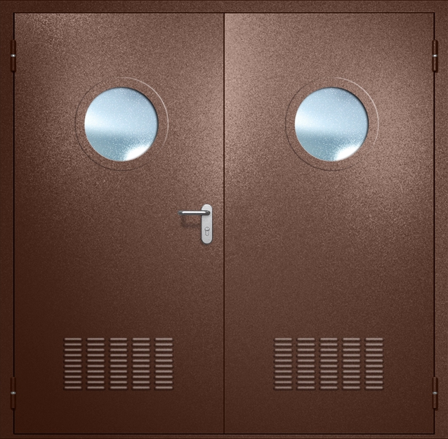 Двупольная противопожарная дверь EI-60 с вентиляцией и круглыми стеклопакетами, окрас по RAL 8016 Двупольная противопожарная дверь EI-60 с вентиляцией и круглыми стеклопакетами, окрас по RAL 8016