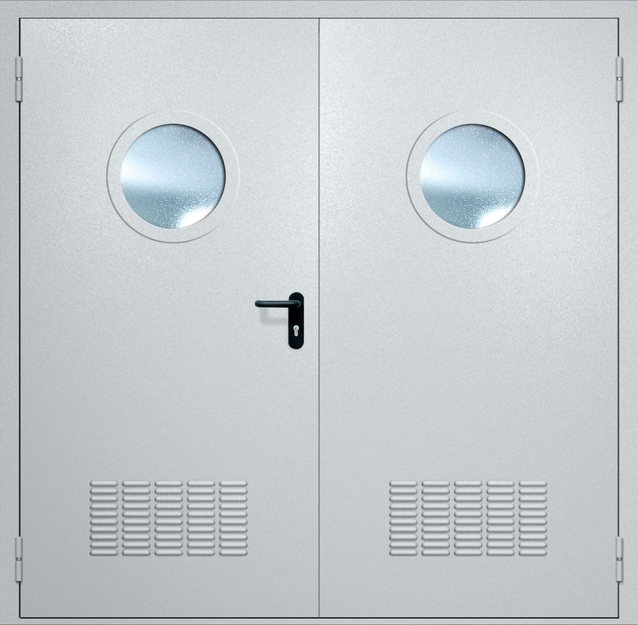 Двупольная противопожарная дверь EI-60 с вентиляцией и круглыми стеклопакетами, окрас по RAL