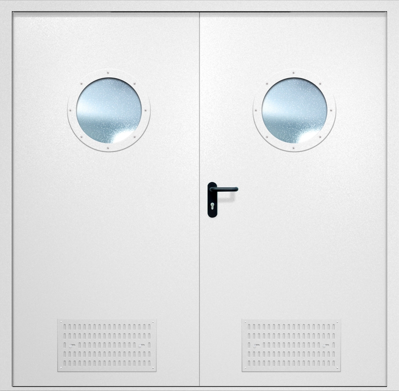 Двупольная противопожарная дверь EI-60 с вентиляцией и круглыми стеклопакетами, окрас по RAL 9003