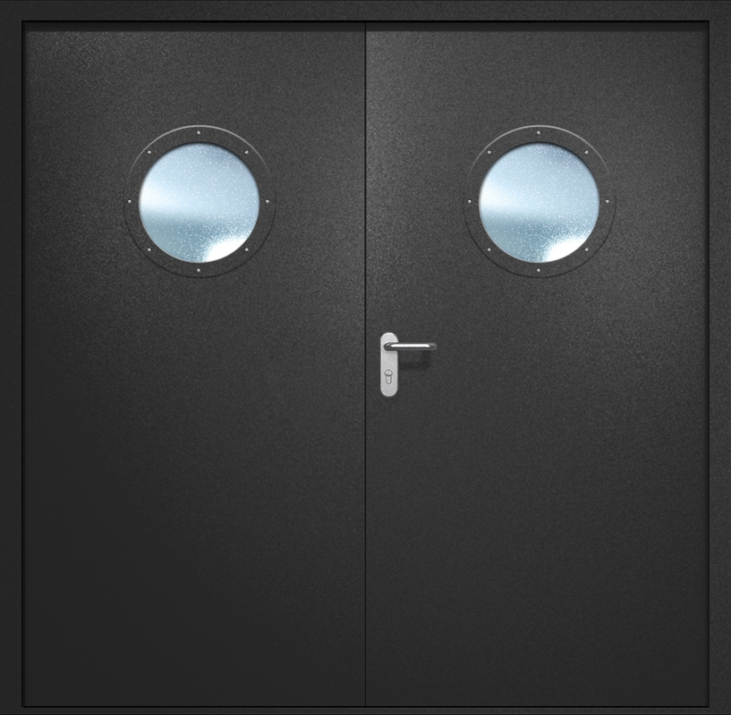 Двупольная противопожарная дверь EI-60 с круглыми стеклопакетами, окрас по RAL 9004 Двупольная противопожарная дверь EI-60 с круглыми стеклопакетами, окрас по RAL 9004
