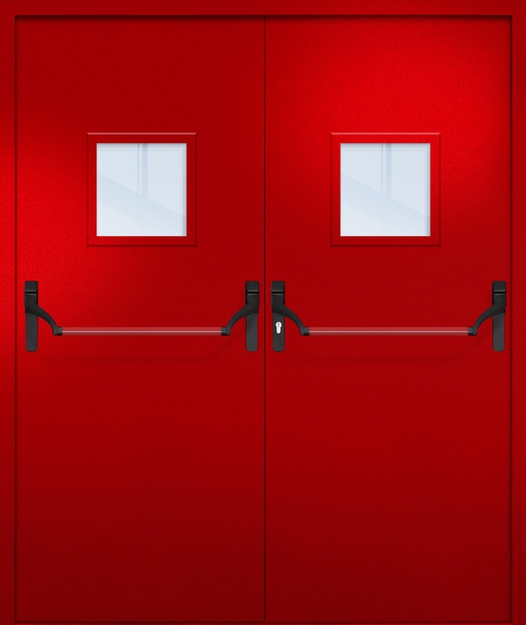 Двупольная противопожарная дверь EI-60 с квадратными стеклопакетами и ручками «Антипаника», окрас по RAL 3003 Двупольная противопожарная дверь EI-60 с квадратными стеклопакетами и ручками «Антипаника», окрас по RAL 3003