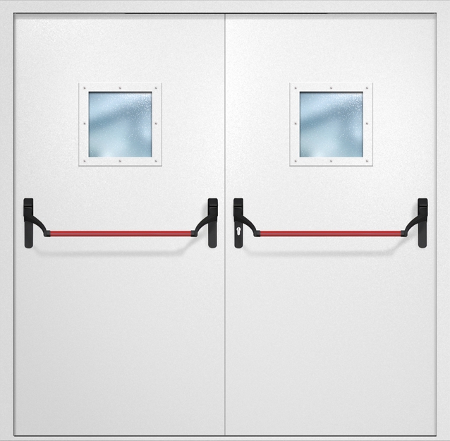 Двупольная противопожарная дверь EI-60 с квадратными стеклопакетами и ручками «Антипаника», окрас по RAL 9003 Двупольная противопожарная дверь EI-60 с квадратными стеклопакетами и ручками «Антипаника», окрас по RAL 9003