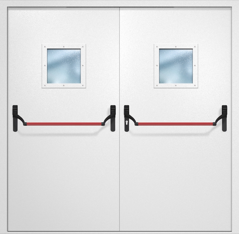Двупольная противопожарная дверь EI-60 с квадратными стеклопакетами и ручками «Антипаника», окрас по RAL 9003