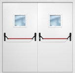 Двупольная противопожарная дверь EI-60 с квадратными стеклопакетами и ручками «Антипаника», окрас по RAL 9003