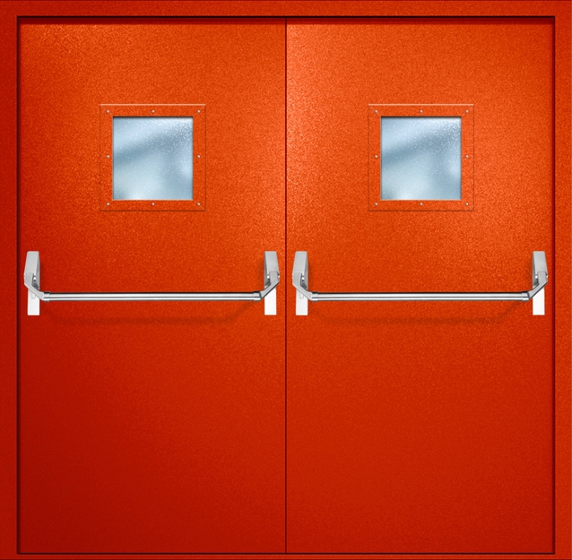 Двупольная противопожарная дверь EI-60 с квадратными стеклопакетами и ручками «Антипаника», окрас по RAL 3003 Двупольная противопожарная дверь EI-60 с квадратными стеклопакетами и ручками «Антипаника», окрас по RAL 3003