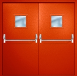 Двупольная противопожарная дверь EI-60 с квадратными стеклопакетами и ручками «Антипаника», окрас по RAL 3003