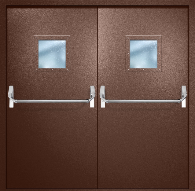 Двупольная противопожарная дверь EI-60 с квадратными стеклопакетами и ручками «Антипаника», окрас по RAL 8016 Двупольная противопожарная дверь EI-60 с квадратными стеклопакетами и ручками «Антипаника», окрас по RAL 8016