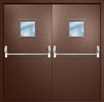 Двупольная противопожарная дверь EI-60 с квадратными стеклопакетами и ручками «Антипаника», окрас по RAL 8016