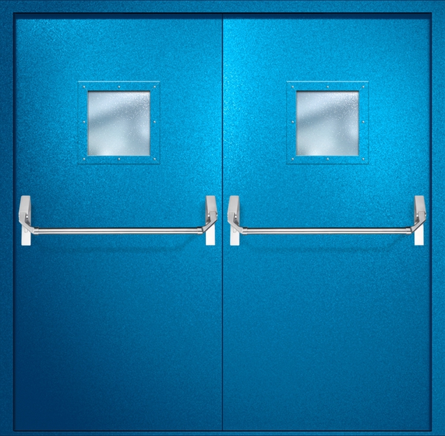 Двупольная противопожарная дверь EI-60 с квадратными стеклопакетами и ручками «Антипаника», окрас по RAL 5002