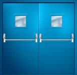 Двупольная противопожарная дверь EI-60 с квадратными стеклопакетами и ручками «Антипаника», окрас по RAL 5002