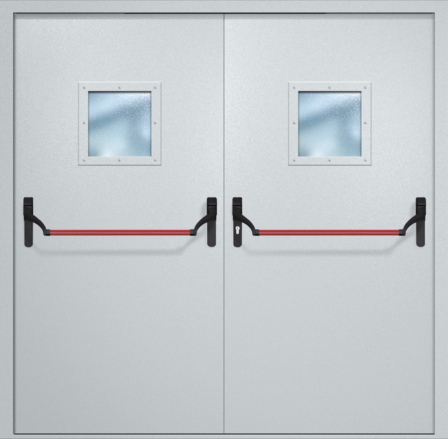 Двупольная противопожарная дверь EI-60 с квадратными стеклопакетами и ручками «Антипаника», окрас по RAL