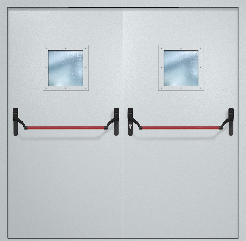 Двупольная противопожарная дверь EI-60 с квадратными стеклопакетами и ручками «Антипаника», окрас по RAL Двупольная противопожарная дверь EI-60 с квадратными стеклопакетами и ручками «Антипаника», окрас по RAL