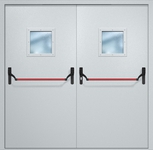 Двупольная противопожарная дверь EI-60 с квадратными стеклопакетами и ручками «Антипаника», окрас по RAL