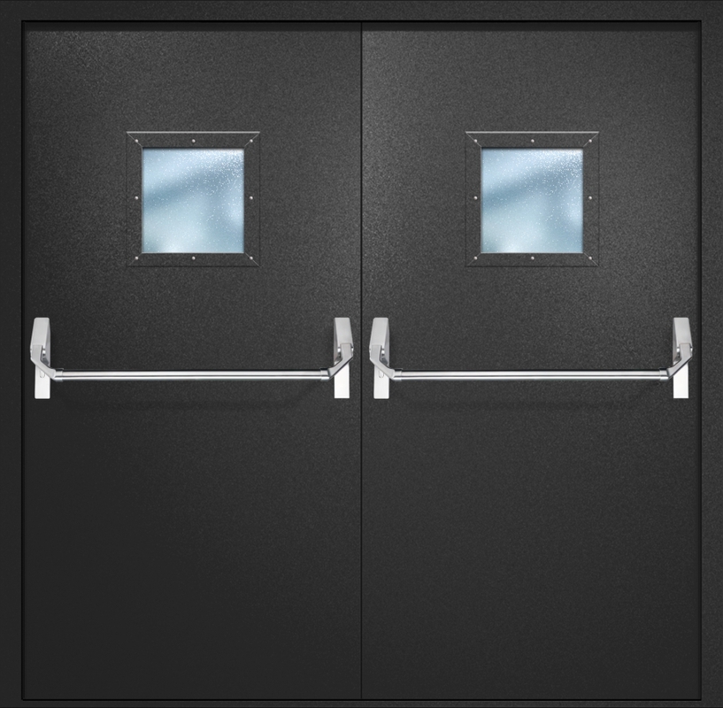 Двупольная противопожарная дверь EI-60 с квадратными стеклопакетами и ручками «Антипаника», окрас по RAL 9004