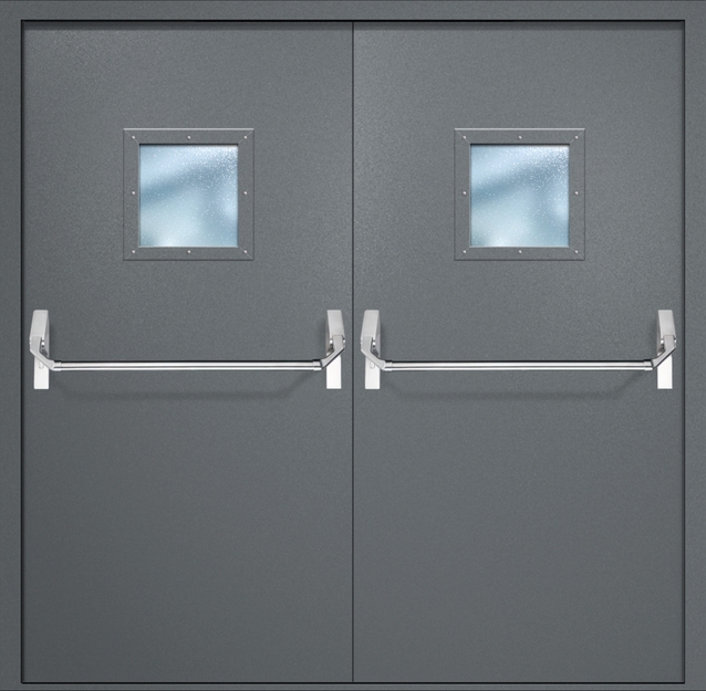 Двупольная противопожарная дверь EI-60 с квадратными стеклопакетами и ручками «Антипаника», окрас по RAL 7001