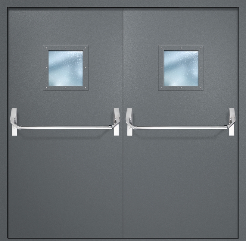 Двупольная противопожарная дверь EI-60 с квадратными стеклопакетами и ручками «Антипаника», окрас по RAL 7001