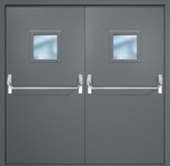 Двупольная противопожарная дверь EI-60 с квадратными стеклопакетами и ручками «Антипаника», окрас по RAL 7001