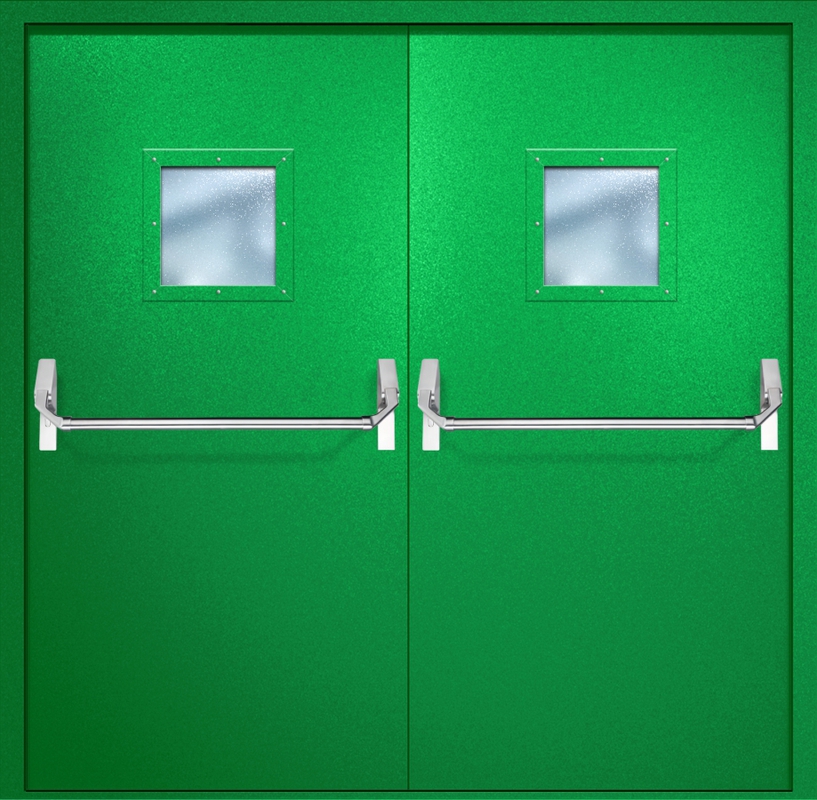 Двупольная противопожарная дверь EI-60 с квадратными стеклопакетами и ручками «Антипаника», окрас по RAL 6037 Двупольная противопожарная дверь EI-60 с квадратными стеклопакетами и ручками «Антипаника», окрас по RAL 6037