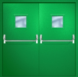 Двупольная противопожарная дверь EI-60 с квадратными стеклопакетами и ручками «Антипаника», окрас по RAL 6037