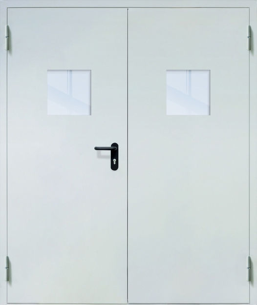 Двупольная противопожарная дверь EI-60 с квадратными стеклопакетами, окрас по RAL