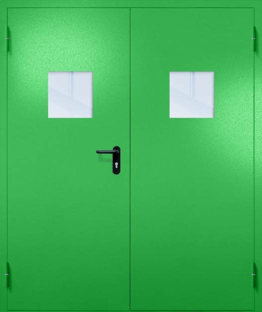 Двупольная противопожарная дверь EI-60 с квадратными стеклопакетами, окрас по RAL 6037