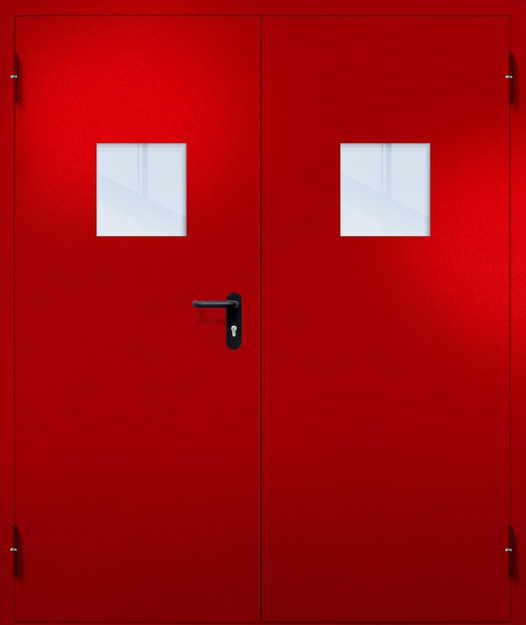 Двупольная противопожарная дверь EI-60 с квадратными стеклопакетами, окрас по RAL 3003