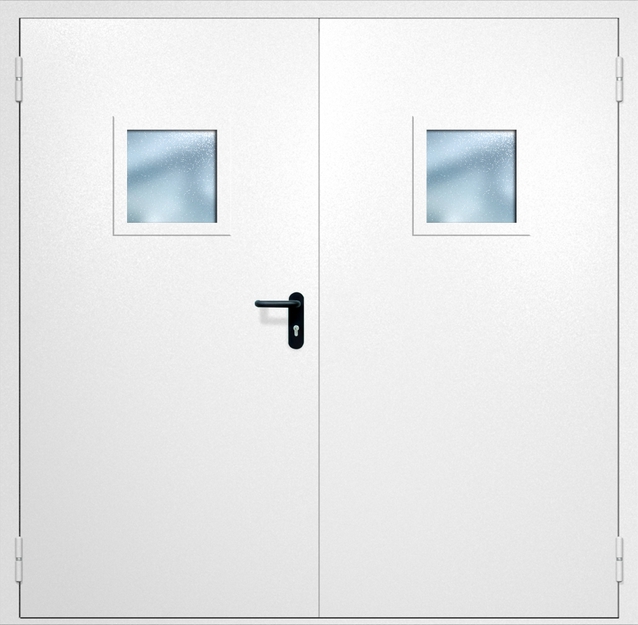 Двупольная противопожарная дверь EI-60 с квадратными стеклопакетами, окрас по RAL 9003 Двупольная противопожарная дверь EI-60 с квадратными стеклопакетами, окрас по RAL 9003