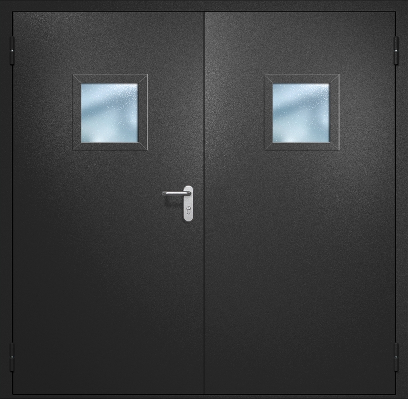 Двупольная противопожарная дверь EI-60 с квадратными стеклопакетами, окрас по RAL 9004