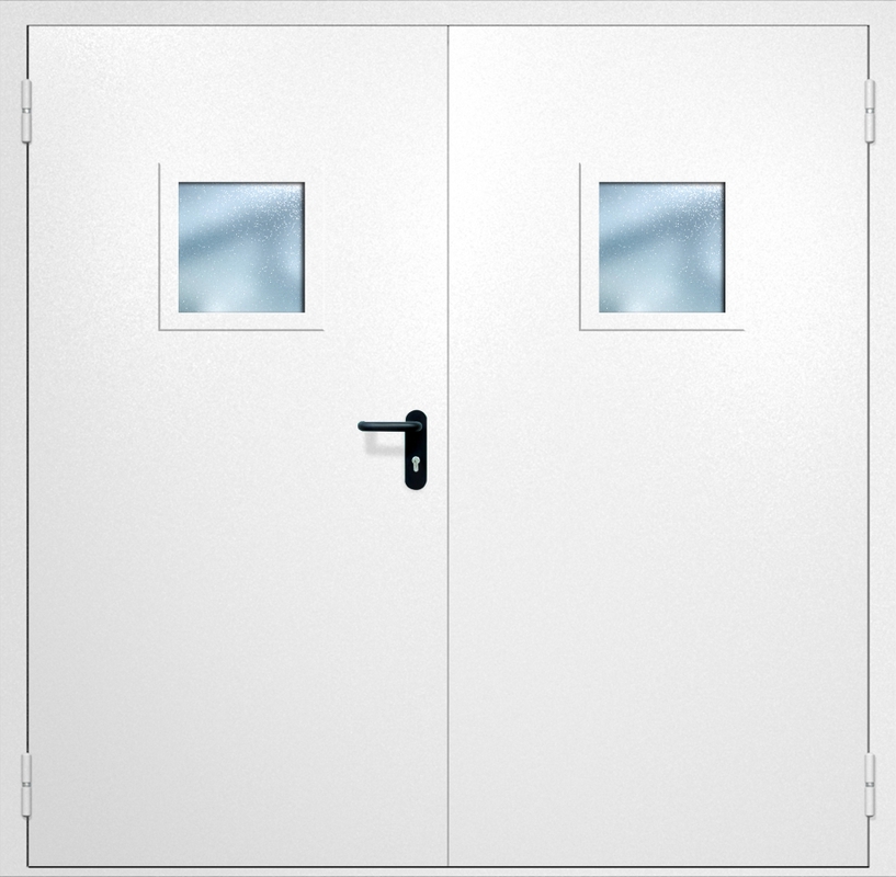 Двупольная противопожарная дверь EI-60 с квадратными стеклопакетами и ручками «Антипаника», окрас по RAL 9003