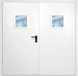 Двупольная противопожарная дверь EI-60 с квадратными стеклопакетами и ручками «Антипаника», окрас по RAL 9003