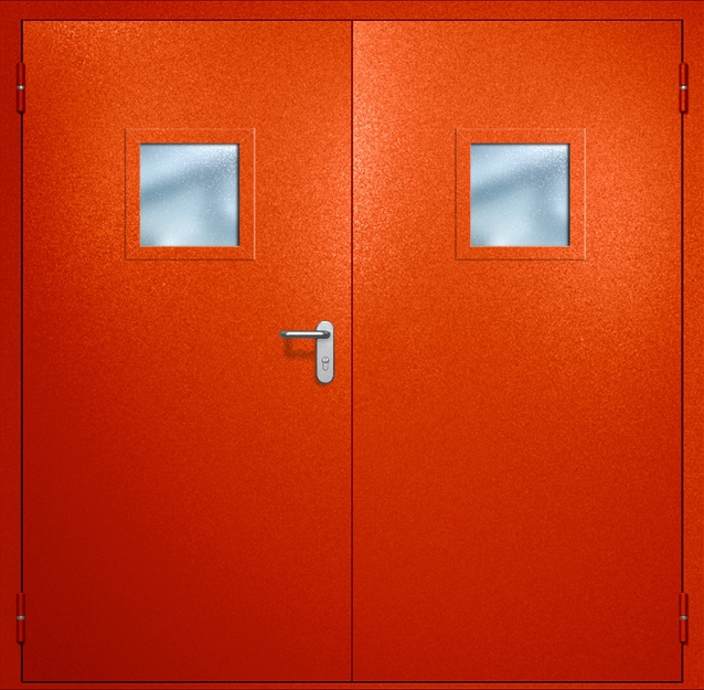 Двупольная противопожарная дверь EI-60 с квадратными стеклопакетами, окрас по RAL 3003 Двупольная противопожарная дверь EI-60 с квадратными стеклопакетами, окрас по RAL 3003