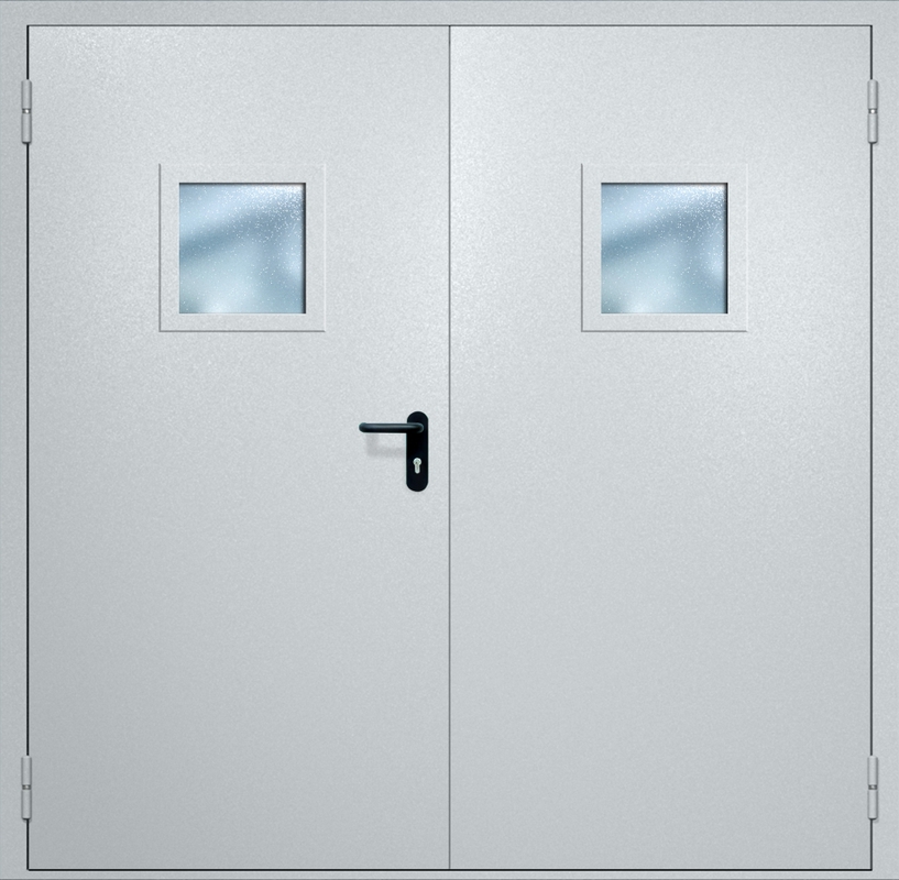 Двупольная противопожарная дверь EI-60 с квадратными стеклопакетами и ручками «Антипаника», окрас по RAL Двупольная противопожарная дверь EI-60 с квадратными стеклопакетами и ручками «Антипаника», окрас по RAL