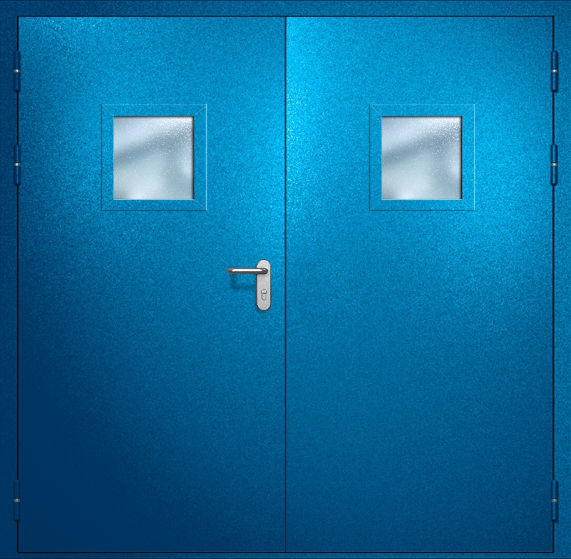 Двупольная противопожарная дверь EI-60 с квадратными стеклопакетами и ручками «Антипаника», окрас по RAL 5002