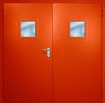 Двупольная противопожарная дверь EI-60 с квадратными стеклопакетами и ручками «Антипаника», окрас по RAL 3003