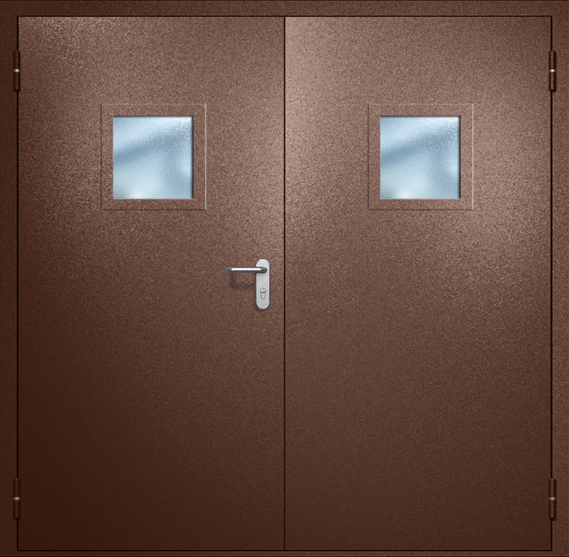 Двупольная противопожарная дверь EI-60 с квадратными стеклопакетами и ручками «Антипаника», окрас по RAL 8016