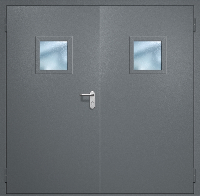 Двупольная противопожарная дверь EI-60 с квадратными стеклопакетами, окрас по RAL 7001