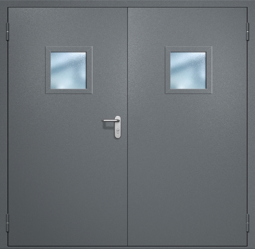 Двупольная противопожарная дверь EI-60 с квадратными стеклопакетами, окрас по RAL 7001
