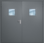 Двупольная противопожарная дверь EI-60 с квадратными стеклопакетами, окрас по RAL 7001