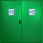 Двупольная противопожарная дверь EI-60 с квадратными стеклопакетами и ручками «Антипаника», окрас по RAL 6037