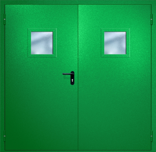 Двупольная противопожарная дверь EI-60 с квадратными стеклопакетами, окрас по RAL 6037 Двупольная противопожарная дверь EI-60 с квадратными стеклопакетами, окрас по RAL 6037