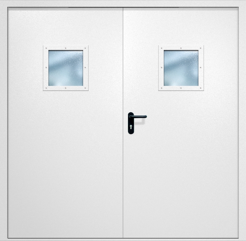 Двупольная противопожарная дверь EI-60 с квадратными стеклопакетами, окрас по RAL 9003