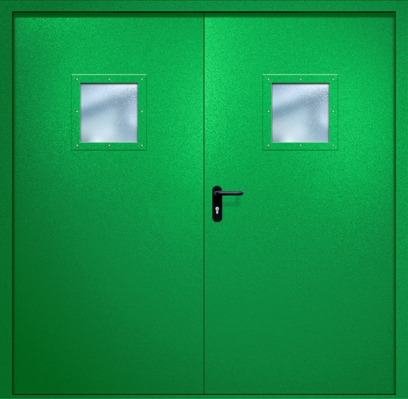 Двупольная противопожарная дверь EI-60 с квадратными стеклопакетами, окрас по RAL 6037