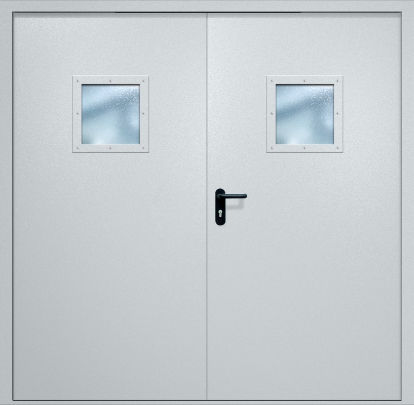 Двупольная противопожарная дверь EI-60 с квадратными стеклопакетами, окрас по RAL