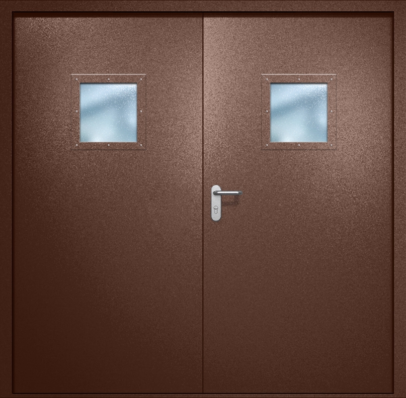 Двупольная противопожарная дверь EI-60 с квадратными стеклопакетами, окрас по RAL 8016
