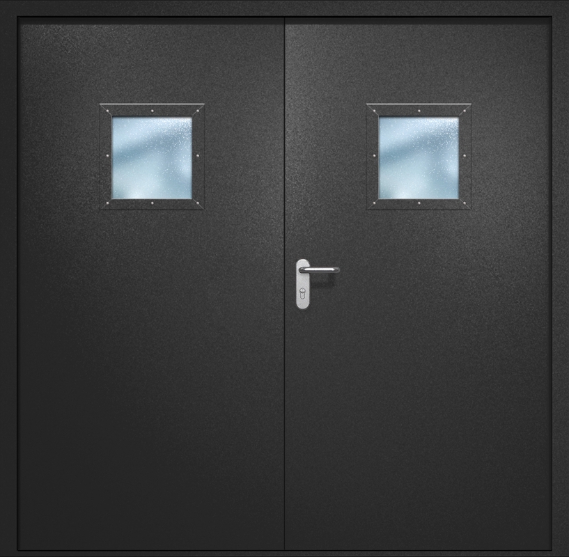 Двупольная противопожарная дверь EI-60 с квадратными стеклопакетами, окрас по RAL 9004