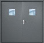 Двупольная противопожарная дверь EI-60 с квадратными стеклопакетами, окрас по RAL 7001