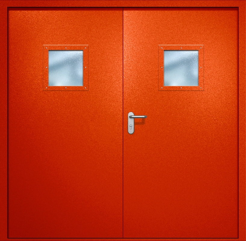 Двупольная противопожарная дверь EI-60 с квадратными стеклопакетами, окрас по RAL 3003 Двупольная противопожарная дверь EI-60 с квадратными стеклопакетами, окрас по RAL 3003